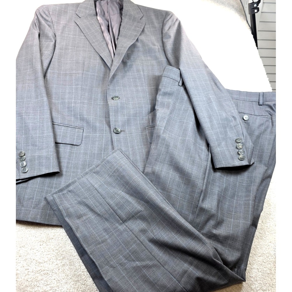 Joseph Abboud Suit 38R W32 Glen Plaid Wool 2 Piece Classic Fit Grey Blue